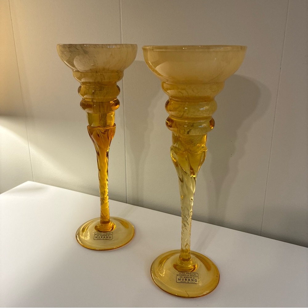 Pair of Vintage Murano Art Glass Goblets Amber Handblown Made in Italy Timeless